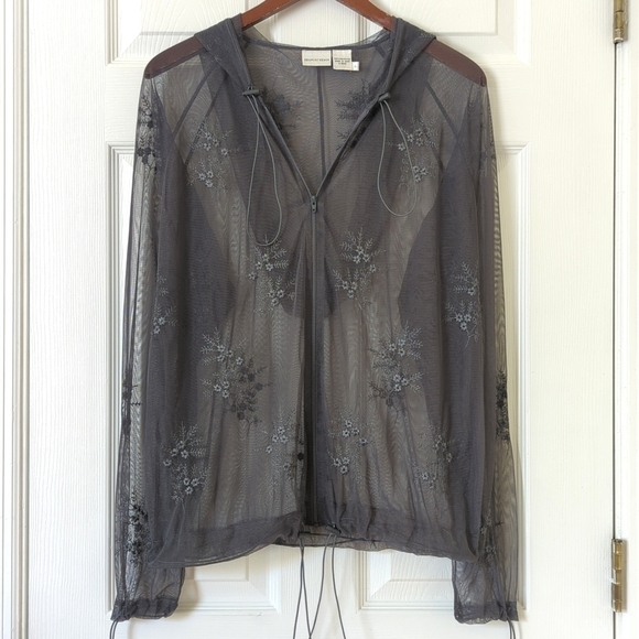 Newport News Y2K Vintage Sheer Floral Embroidered Mesh Zip Up Hoodie Gray Large - Picture 1 of 12